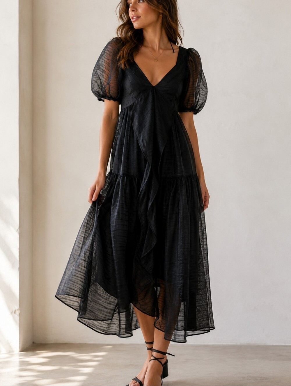 Free People Black Sheer Puff-Sleeve Midi Dress